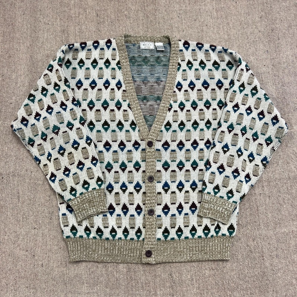 Vintage Sears Cardigan Mens Large White 1980s Argyle Pattern